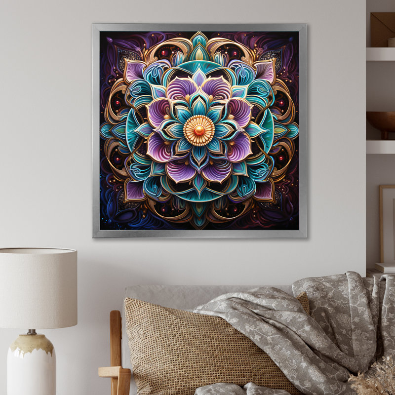Ancien mandala magique coloré sur toile, Cadre simple argenté, H 30 po x l 30 po x P 1 po