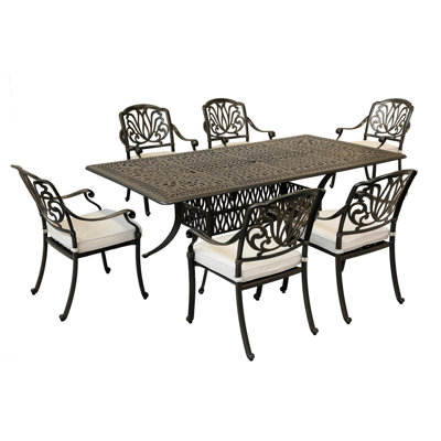 Table de salle à manger rectangulaire avec coussins résistants aux intempéries - aluminium - gris foncé + siège de table blanc
