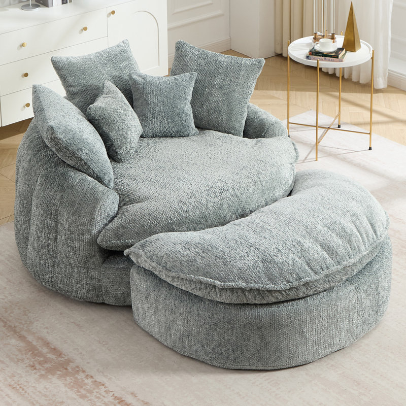 Fauteuil à billes avec repose-pieds Compression, Polyester bleu-gris