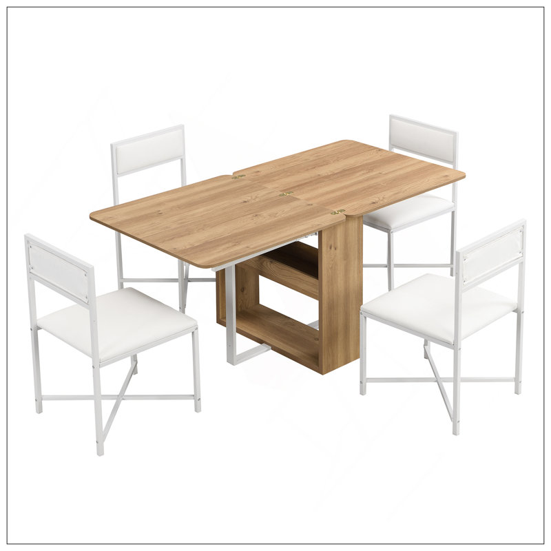 Extendable Dining Table Set For 4,Modern Compact Dining Set W/Foldable Dining Table, White