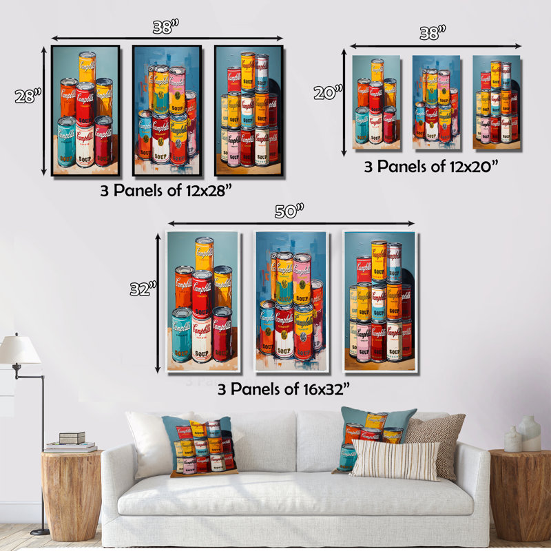 «Pop Art Campbells Soup», 3 pièces sur toile, Cadre flottant noir, H 32 po x l 48 po