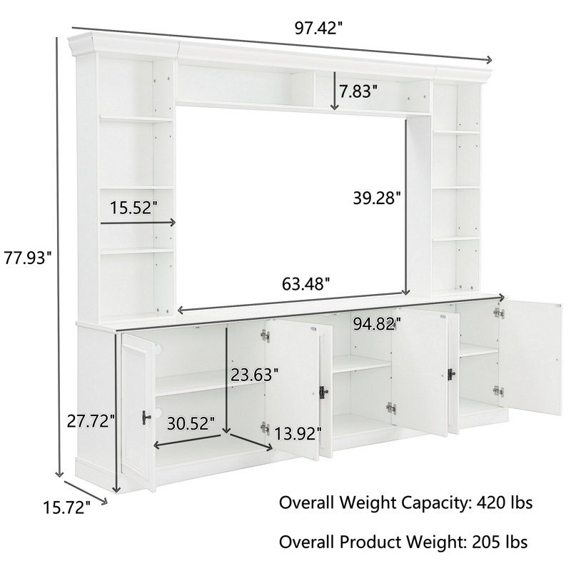 97.4" Mid-Century 4-Piece Entertainment Center with Adjustable TV Stand and Bookshelf for TVs Up to 70", White