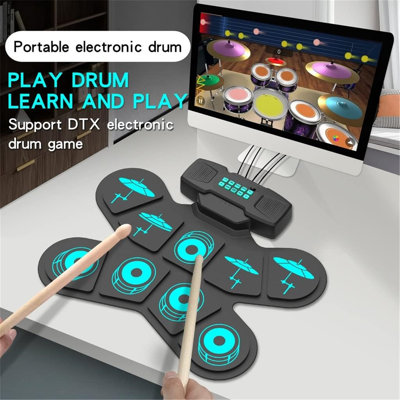 Portable Foldable Electronic Drum Pad - 9-Pad Roll-Up Drum Kit With Dtx Game Compatibility, Double Pedals & Built-In Speakers For Beginners & Practise