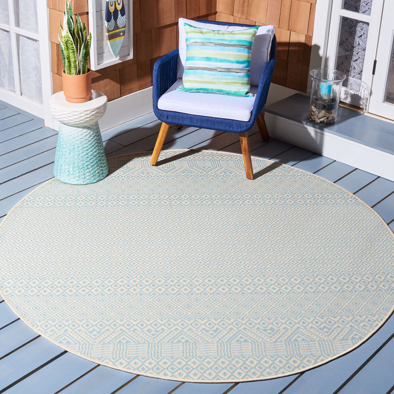 Lenwood Geometric Beige/Aqua Indoor / Outdoor Area Indoor/Outdoor Area Rug, Round 4'