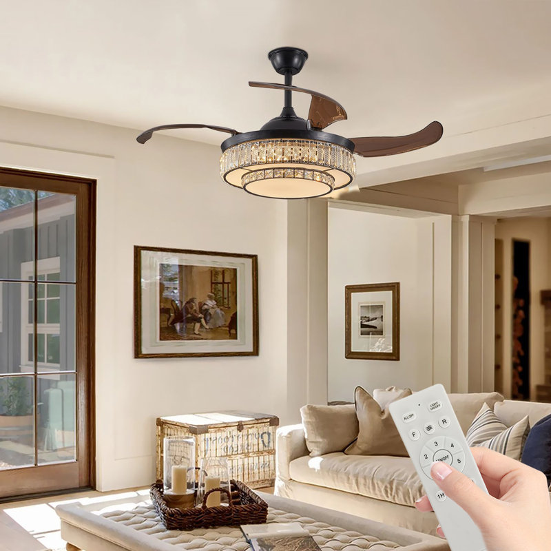 48“ Crystal Pendant Lights  Smart Ceiling Fan with Light Kit and Remote Control,6 Wind Speeds，5-Blades，DC Motor for Bedroom