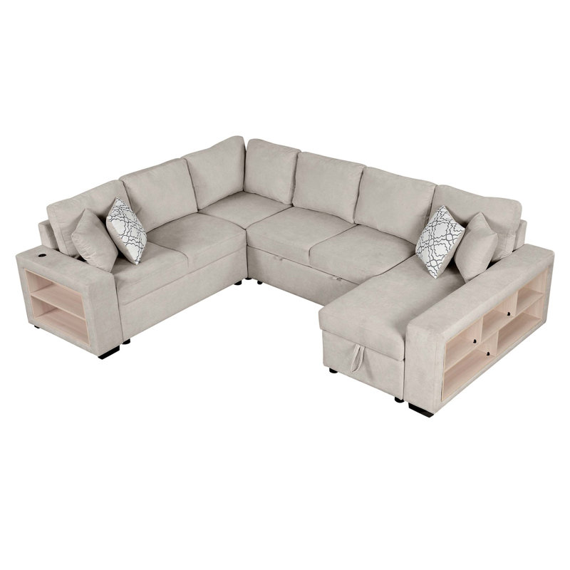Canapé-lit modulaire en forme de U de 109 po avec deux ports USB, une méridienne de rangement et quatre coussins de dossier pour le salon