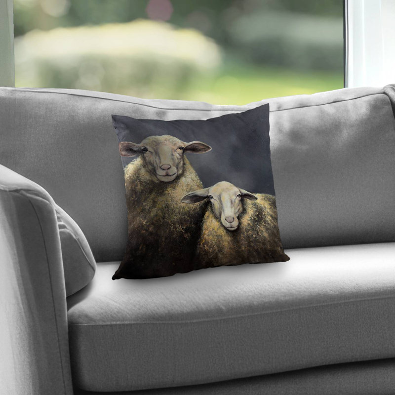 Two Sheeps Beige Poly Twill Throw Pillow – Poly Twill Throw Pillow with Insert, Double-Sided Print