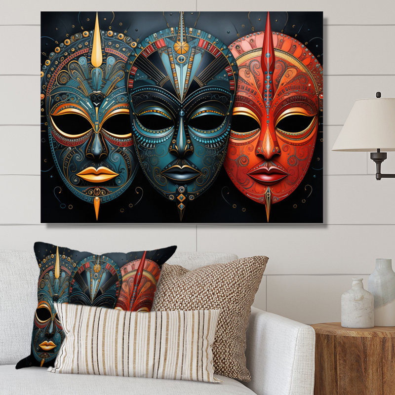 Red African Masks III - Masque africain, art mural, H 30 po x l 40 po, Toile tendue, Toile tendue