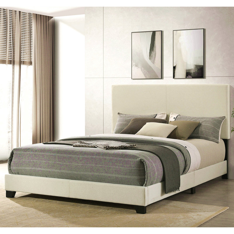 Efram Cream Upholstered Queen Bed, Cream, Queen