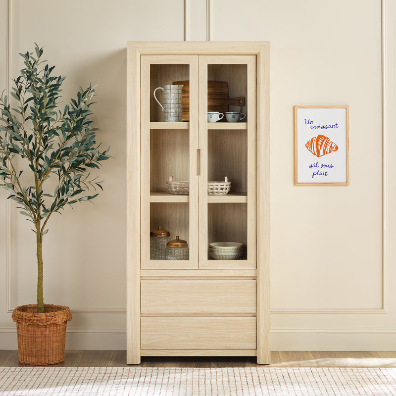 Cottrell 72" H x 32" W 3-Tier Wood Bookshelf with Glass Doors and Drawer Storage, Light Ash