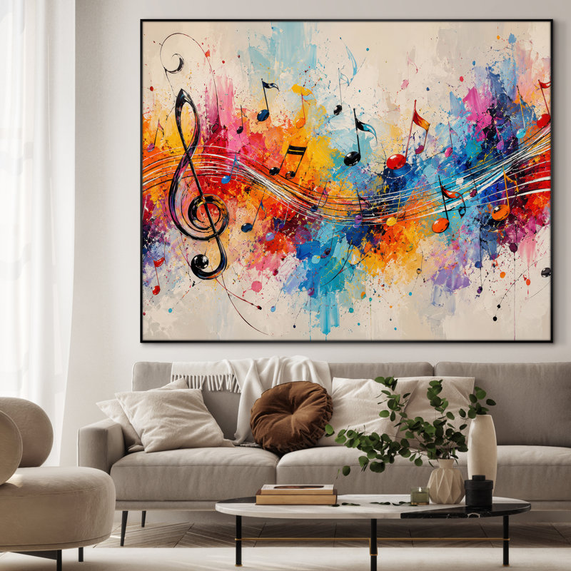 Très grand art mural imprimé sur tissu - Notes de musique colorées orange, décoration de salle de jeu contemporaine - "Assemblage requis (cadre non fini)"