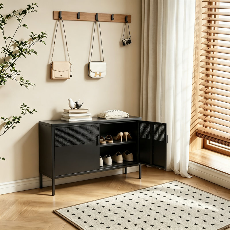  Armoire latérale en métal 25 po, meuble télé à deux portes, armoire de rangement avec tablettes réglables, Noir