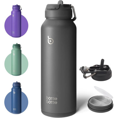 Bottle Bottle 40 oz sports water bottle stainless steel insulated water bottle with straw and pills holder gray