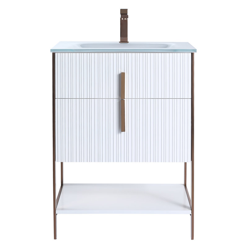  Meuble-lavabo moderne avec plateau en verre blanc Serenity, Blanc mat / or rose, 24"