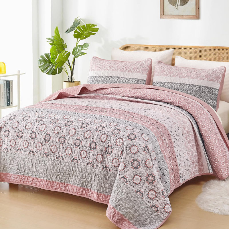 Ensemble de 3 ensembles de courtepointe Boho, Courtepointe très grand et 2 très grandes taies , Rose