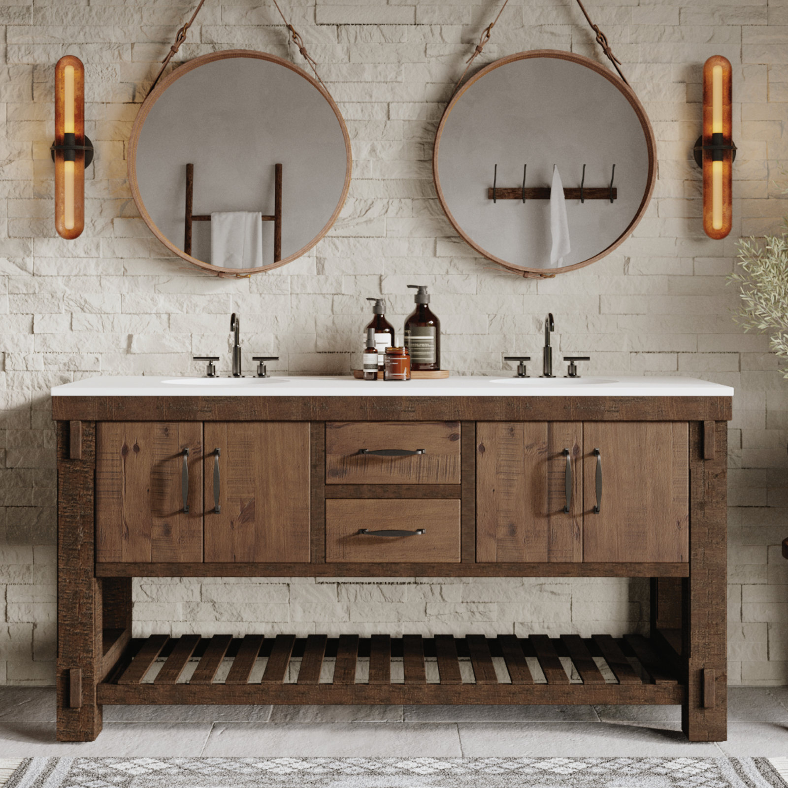 Bromley 66" Pine Double Bathroom Vanity