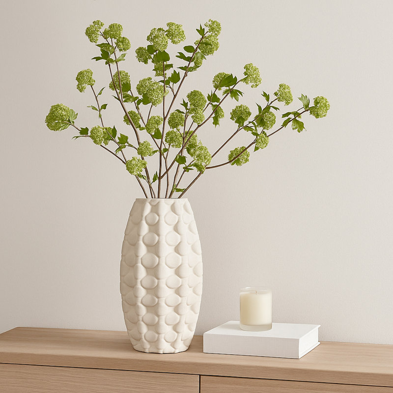 Modern Textured Dot Sculptural Stoneware Porcelain Home Decor Flower Vase for Dining Table - Tall Form Accent for Console Table Feature - Ivory & Tan