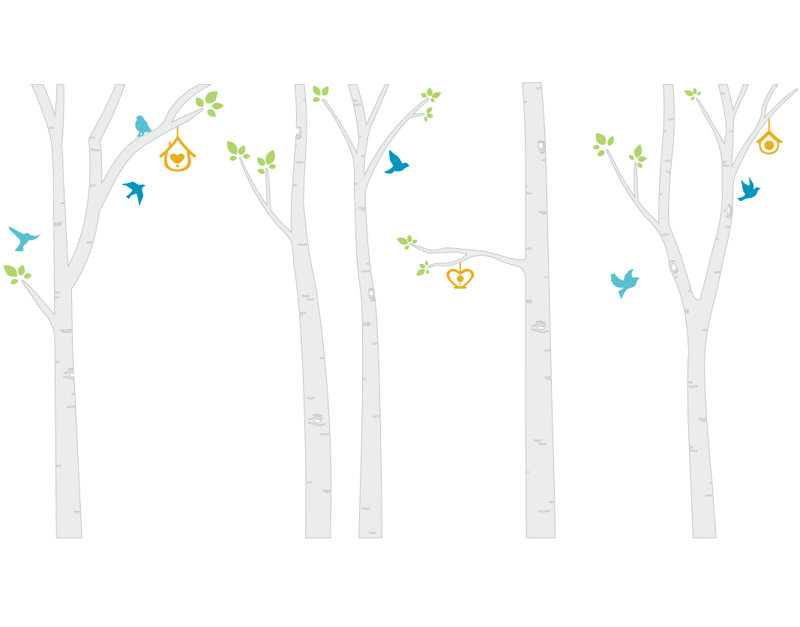 Décalcomanie murale arbres et oiseaux bouleau, Blanc