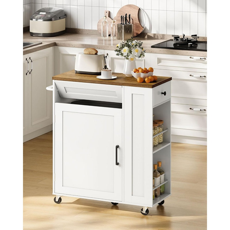 Kitchen Island Cart With Storage Cabinet, Mobile Kitchen Island Trolley With Hidden Trash Bin Cabinet For Kitchen Or Dining Room, White And Walnut