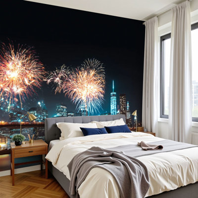 Peel and Stick Wallpaper new york city skyline night fireworks Wall Murals 69"H x 96"W Removable PVC Wall Paper Self-Adhesive Wall Decor for Bedroom Living Room Home Office
