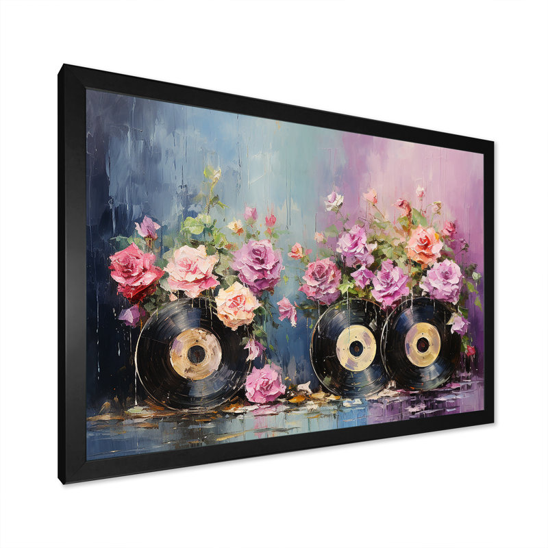 Floral abstrait rainures vinyles - Disques vinyle, art mural, Cadre d'angle fermé noir, H 12 po x l 20 po x P 1 po