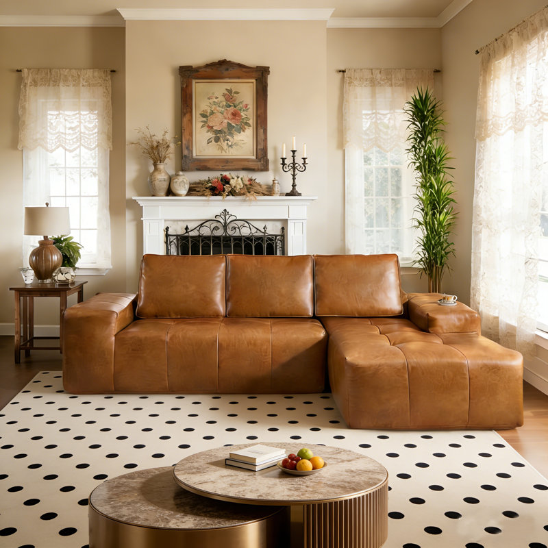 Canapé modulaire 114 po en cuir caramel, aucun assemblage requis, Orienté à droite