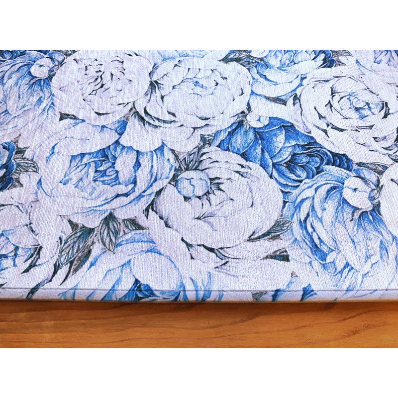 Peony Passion Microfiber Rectangle Washable Rug, Delft White, Rectangle 5' x 7'