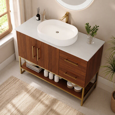 Meuble-lavabo moderne de 36 po avec lavabo vasque en céramique, meuble autoportant d'appoint doré