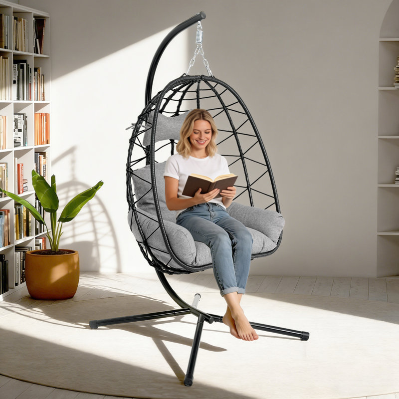 Fauteuil suspendu suspendu en osier avec support et coussin lavable pour patio, Grey, Black