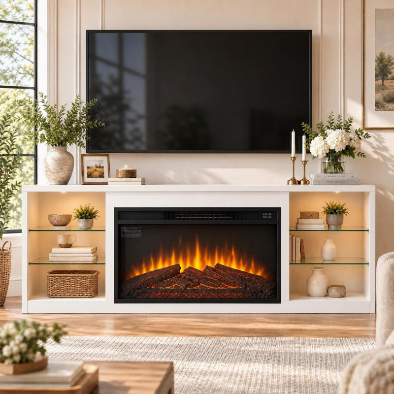 Meuble télé Foyer électrique avec charge USB, lumières DEL, jusqu'à 32-62, White