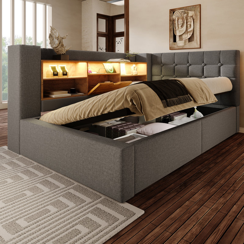 Upholstered Ottoman Storage Bed, Gray