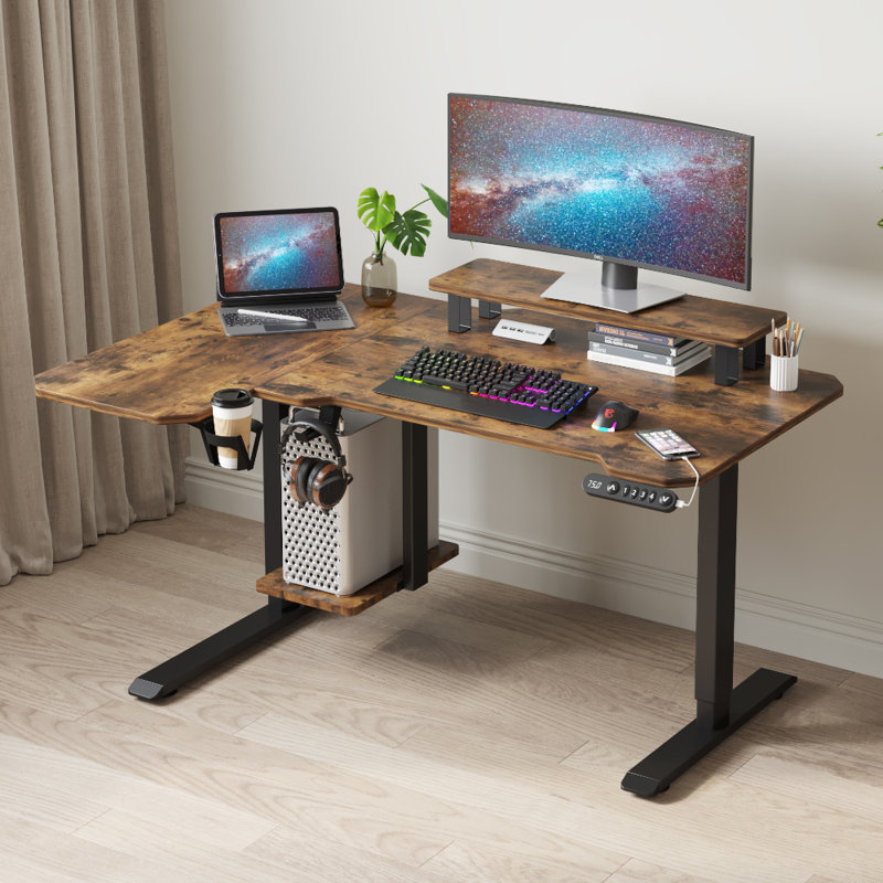 Bureau debout à hauteur réglable de 59 po en L avec tablettes, Brun / Noir