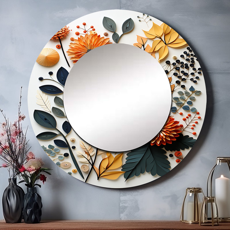 Shamise coloré Mid Century Midcentury Botanicals II - miroir décoratif moderne Mid-Century, miroir mural rond moderne Mid-Century, impression sur métal