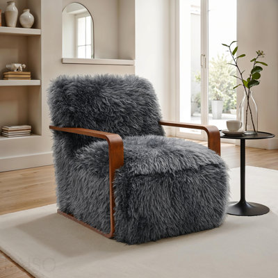 1 pièce Chaise d'appoint longue en fausse fourrure douce d'inspiration rétro avec accoudoirs courbés en bois Siège et dossier principaux