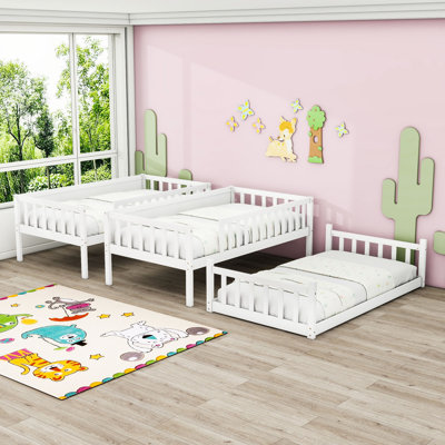 Triple Twin Wooden Bunk Bed With Built-In Ladders
