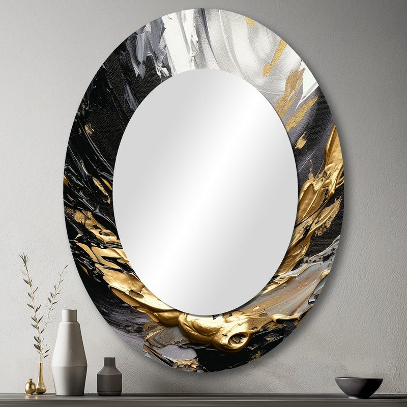Golden Wave Reflections VIII - Black Modern Oval Wall Mirror, 43" x 33"