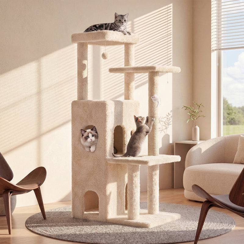  Arbre à chat d'intérieur, tour de chat à plusieurs niveaux de 50 pouces avec condos doubles et poteaux à griffer, comprend 1 balle suspendue et 1 souris, beige blanc