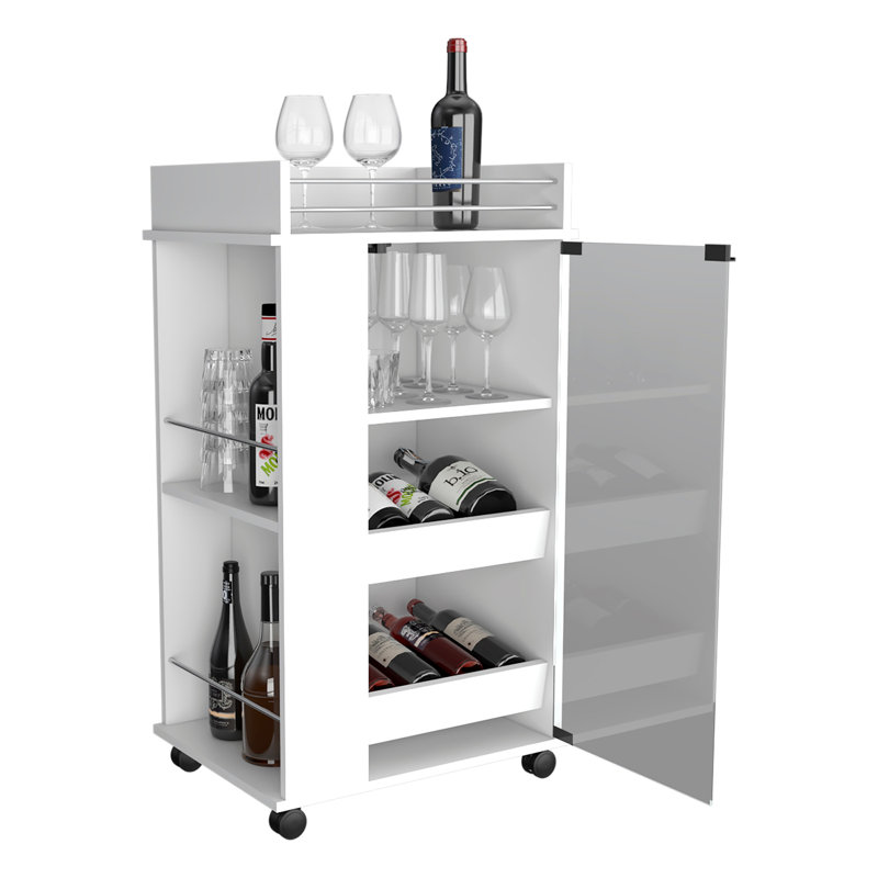 Baltimore Bar Cart with Casters, Glass Door and 2-Side Shelf, White