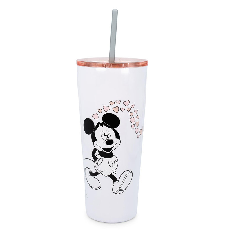Minnie et Mickey Kiss Hearts 22 oz. Gobelet de voyage à double paroi en acier inoxydable avec paille