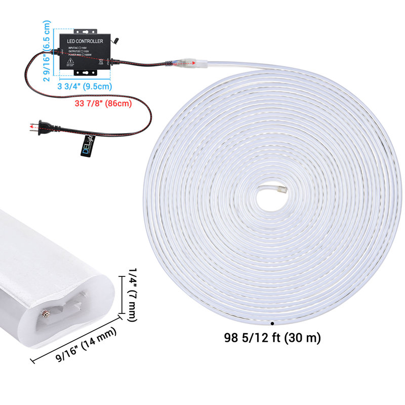 Lamuel DELight 100FT Warm White LED Strip Neon Rope Lights with Remote Comtrol Cuttable DIY Commercial Sign for Outdoor DEL-D100W