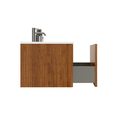 Meuble-lavabo flottant de 36 po en noyer rayé avec lavabo intégré blanc, bords courbés, tiroir facile d'accès et fixation murale en U à fixation moderne en noyer, bords de coffre en céramique, forme ouverte