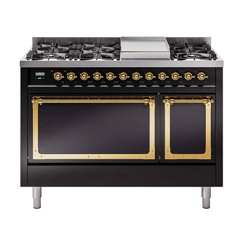 ILVE Nostalgie II Noblesse 48 in Dual Fuel Range, 8 Burner, Griddle, Natural Gas, Glossy Black/Brass