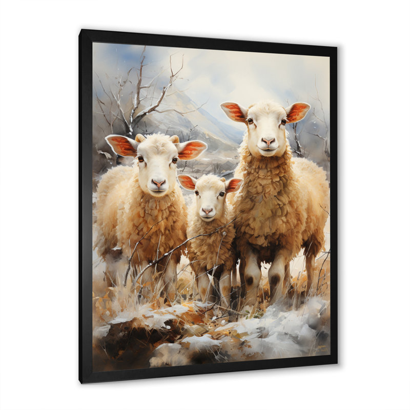 Reproduction d'art sur toile, "Beige moutons rustiques ruminations III", Cadre photo noir, H 40 po x l 30 po x P 1,5 po