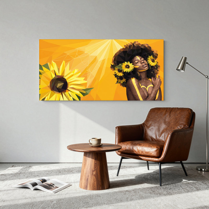 Femme aux tournesols, style low poly, tableau sur toile, 40“W x 20”H