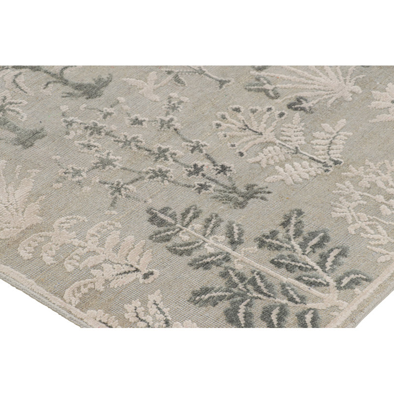 Rug & Kilim’S Modern Block Print Rug In Silver-Gray & Teal With Floral Patterns, Rectangle 9' x 12'