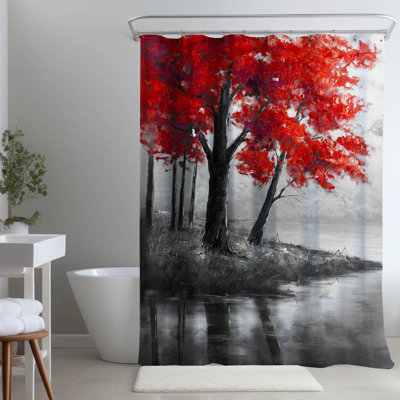 Gray Trees – Red Trees and Lake Home – Polyester Shower Curtain, Dye Sublimation Print, 71" W × 74" L