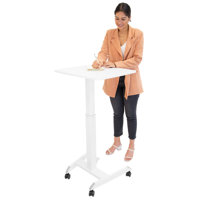 White Adjustable Height Rolling Laptop Cart with Pneumatic Lift