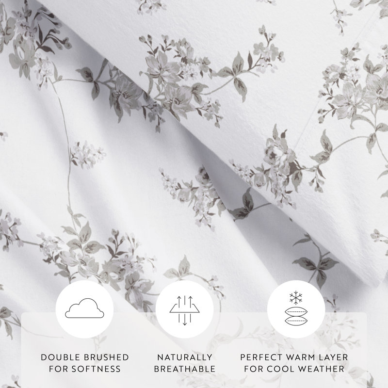 Ensemble de draps en flanelle de coton Varkala, Light Grey / Sylvan Rose, Ensemble de draps pour très grand lit