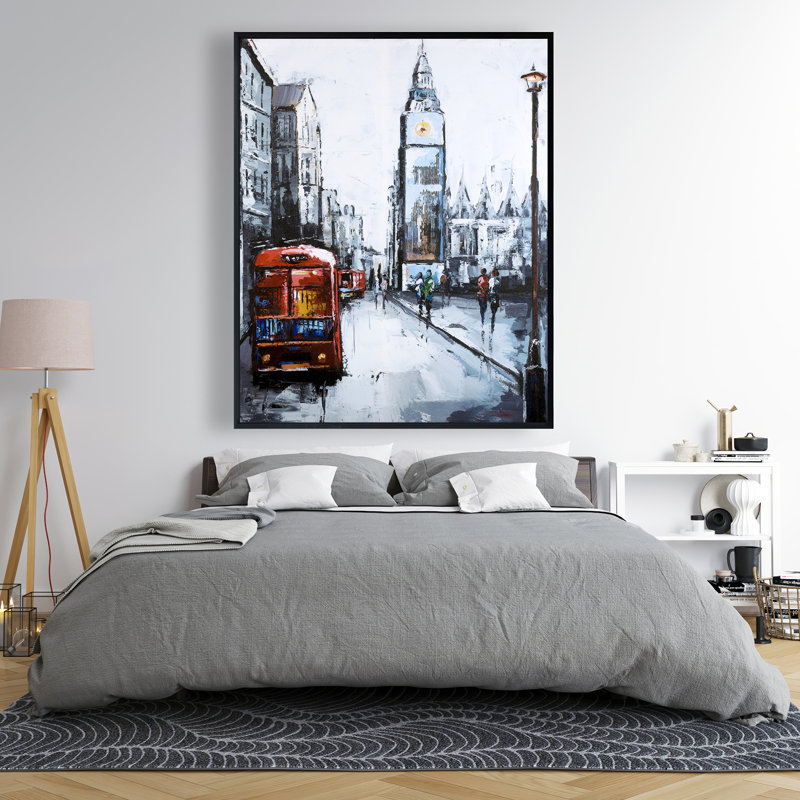 Abstract London and Red Bus - Framed Canvas Home Decor