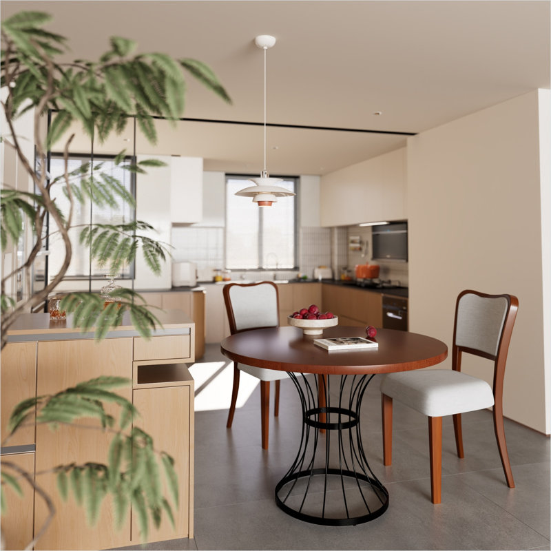 Ensemble de salle à manger rond pour 2 personnes avec table en placage de chêne de 42 pouces, base en fer noir et chaises rembourrées beiges, style coin cuisine peu encombrant